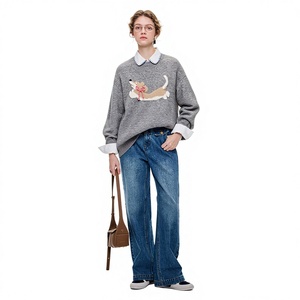 VEGA CHANG Nuovo Maglione Invernale da Donna <span class=keywords><strong>con</strong></span> Motivo Jacquard a Cuccioli, Morbido Top Grigio <span class=keywords><strong>con</strong></span> Dettaglio Colletto Bianco per Stile Casual Denim Blu - Product Image 1