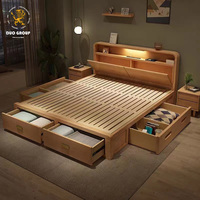 Meubles de chambre à coucher de style nordique en bois massif avec lit king size, tiroirs, lumière de nuit LED et port USB