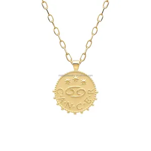 Trendy 14K Solid Gold Zodiac Câncer Sinais Pingente 585 Colar de Ouro Papel Clip Chain Link Casamento Noivado Festa