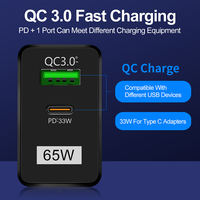 Nouveaux produits chargeur Mobile 65W Gan chargeur UK EU US PD USB C + USB un chargeur de voyage haute puissance à double port