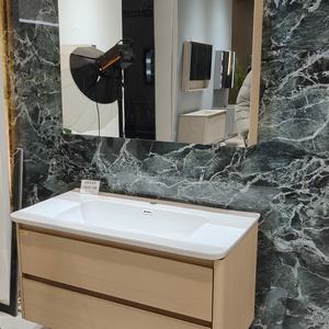 Meuble de salle de bain de style jaune, armoire à miroir en forme de ruche, lavabo blanc, meuble sous-évier à double tiroir - Product Image 5