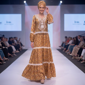 Vestido Maxi Africano de Lujo con Estampado Floral Dorado y Ribete de Encaje para Mujer, Manga Larga, Rayón Ecológico, Transpirable, Verano - Product Image 4