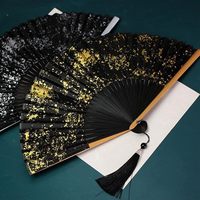 Éventails pliants chinois en bambou et soie avec des paillettes dorées, petit éventail pliable à main pour la décoration, mariage