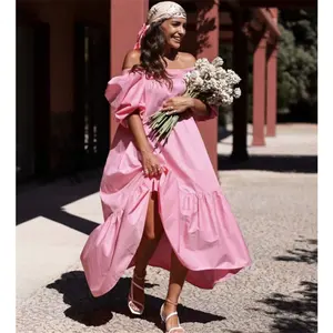 Vestido largo rosa de manga esponjosa para mujer, primavera 2021
