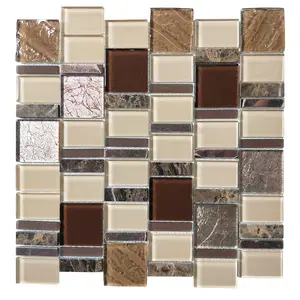 Premium Chinese Tile Factory Wall Mosaic Multiple Brown Colors Glass Marble and Metal Mosaic