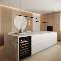 Meuble de cuisine moderne en contreplaqué laqué mélaminé brillant, armoire de rangement, placard, plan de travail en quartz, pierre frittée ou marbre
