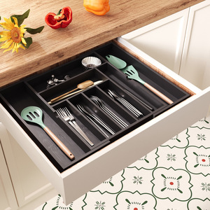 Organizador de cajones extensible, caja de almacenamiento de cubiertos de cocina con múltiples compartimentos, rectangular, expandible para uso doméstico - Product Image 1