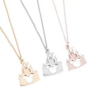 T372 Trendy America Character Silver 18K Gold Plated Mouse Mat Castle Mickey Head Pendant Necklace For Girls