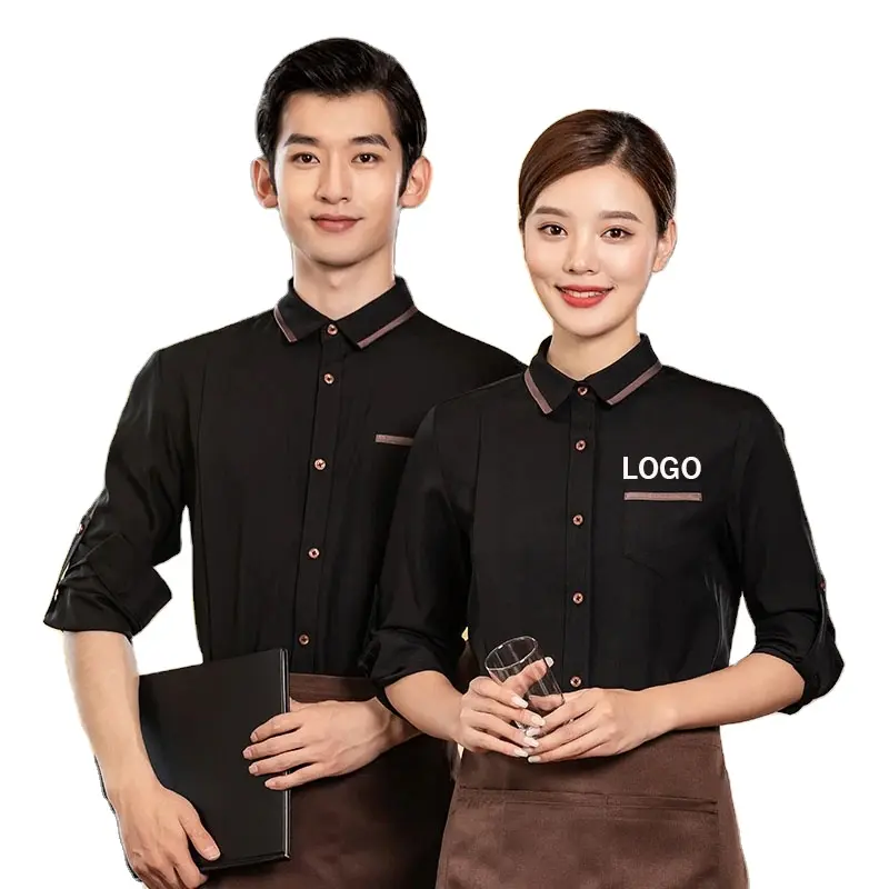 Custom logo kitchen hotel bar staff unisex long sleeve waiter waitress button-down restaurant uniform tops shirt shirts