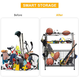 Organizador de equipos deportivos de garaje de Metal de Venta caliente, estante de almacenamiento de bolas, almacenamiento de baloncesto de equipo deportivo con cestas y gancho - Product Image 5