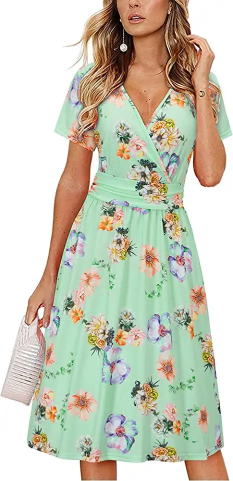 C CLOTHING Summer Women's Short Sleeve V-Neck Flora Party Dress With Pockets