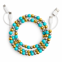 Câble de charge multi-prise USB Type C 4-en-1 style bohème occidental avec perles turquoise et perles métalliques or/argent pour transfert de données