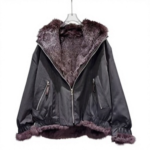 Nuovo Cappotto Corto da Donna in Lana/Seta con Cerniera Sottile e Fodera in Vera <span class=keywords><strong>Pelliccia</strong></span> di Coniglio, Nero e Bianco su Entrambi i Lati - Product Image 1