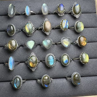Anneaux en pierre de guérison en cristal de haute qualité, polis, couleur vive, labradorite, argent 925, pour cadeau