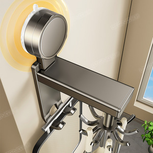 <b>Kitchen</b> Rotating <b>Hook</b> Storage Rack Wall Mounted Punch Free Suction Cup For Pots Pans Utensils Spear Gray Polished Finish - Product Image 2