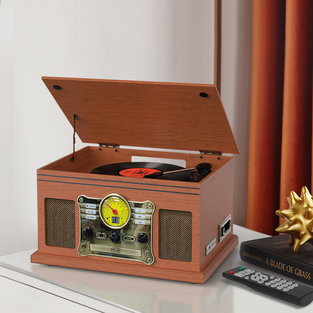 All in One Wireless Vintage Turntable FM Radio USB TF Encoding Bluetooth Cassette Player Vinyl Record Player