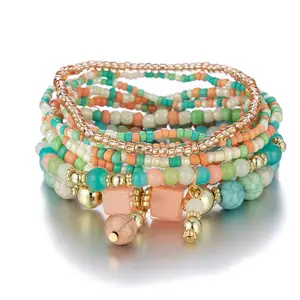 Zooying Bohemian Handmade Multilayer Bangle Creative Turquoise Beaded Jewelry Bracelet Set