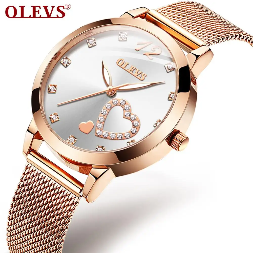 OLEVS OEM Fashion Luxury Diamond Heart Dial Gift Watch for ladies Quartz Bracelet Ultra thin Luminous waterproof Women Watch
