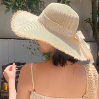Sombrero de Protección Solar para Playa y Exteriores, Bordado a Mano, a Rayas, Ajustable, de Rafia, con Encaje, Elegante, Estilo Francés