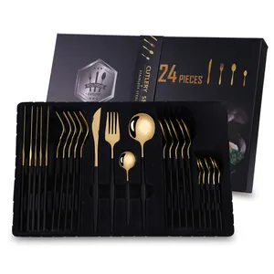 Restaurant Fine Silverware Brushed Gold Black Flatware Stainless Steel 24 pcs Flatware Set With Box
