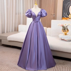 Purple Long Skirt Performance Dress Deep V Neck Puffy Sleeve Women Stage Wear - Product Image 3
