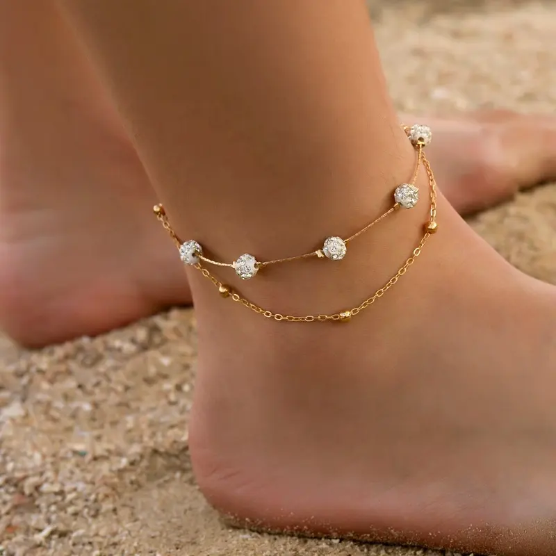 European and American fashion gold silver plated double beach Shambhala diamond ball crystal ladies anklets