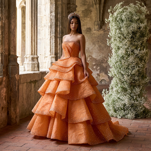 Robe de soirée personnalisable RSM261039 orange, bustier, avec appliques, sequins, perles superposées, dos lacé, en mousseline, coupe naturelle - Product Image 1