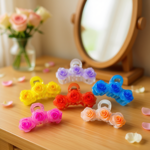 Trois pinces à cheveux en forme de rose, 10 cm, en plastique coloré, style doux, pour femmes et filles, usage quotidien - Product Image 2
