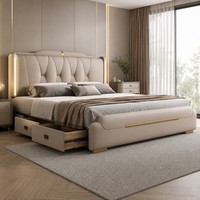 Luxuriöses Polsterbett mit Stauraum, LED-Kopfteil, Goldverzierung, Seitenschubladen, Queen/King Modernes Schlafzimmermöbel OEM ODM Bettsets