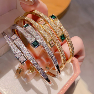 European American Style Electroplated <b>Copper</b> Cuff <b>Bracelet</b> With Zircon And Sapphire Inlay Geometric Design For Women Party - Product Image 4