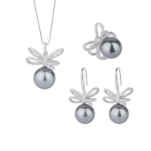 托德厂家直销新款欧美镶嵌灰色珍珠时尚蝴蝶结钻石套装