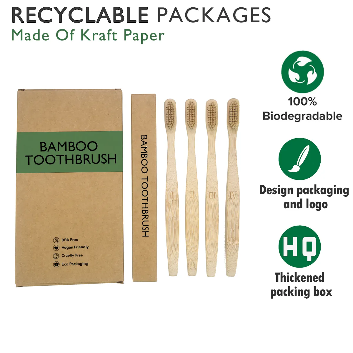 Vente en gros de brosse à dents bio en bambou à manche naturel bon marché écologique pour enfants avec logo personnalisé