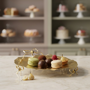 Luxury <b>Decorative</b> Metal Dessert Serving Tray with Bow Handles Modern Cake Pastry Display Platter for Tabletop Decor - Product Image 2