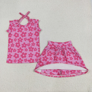 Longlv Fashion Summer Kids Clothes for Girls Pink Flower Checkered Print Sleeveless Tops with Skort Set Toddler 2pcs Outfits - Product Image 4