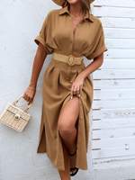 Robe midi pour femme été 2026, col à revers, simple boutonnage, manches courtes, élégante et décontractée