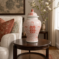 Pot à gingembre de style antique, motif pivoine rouge corail complexe, double bonheur, avec couvercle, pour décoration de table de mariage