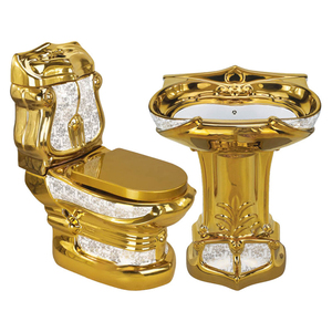 Ensemble deux pièces de sanitaires de luxe <span class=keywords><strong>vintage</strong></span> européens couleur or pour salle de bain : WC en céramique et lavabo doré de Dubaï - Product Image 1