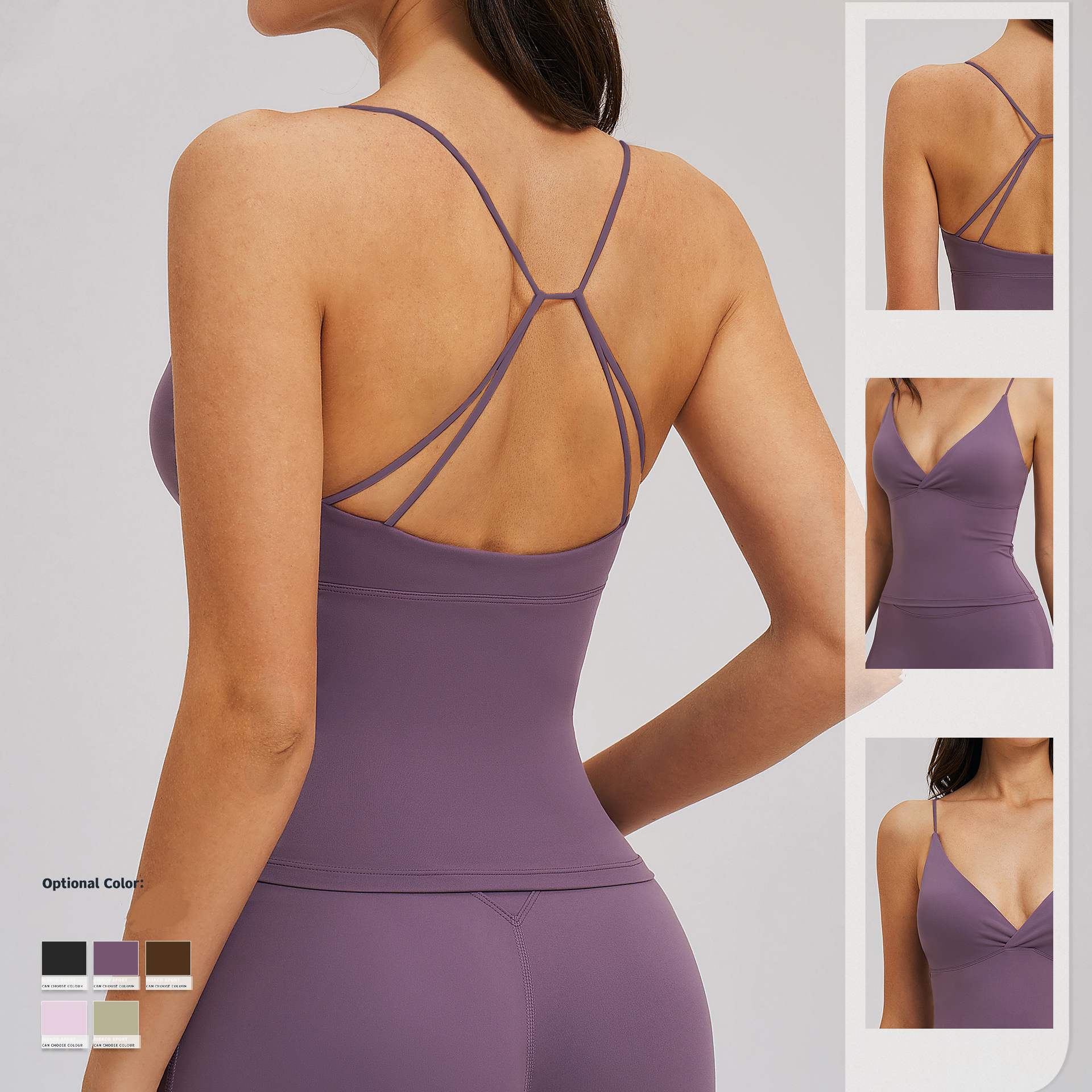 Women's Sports Bra Tank Top Deep V Neck Halter Back Hollow Solid Brushed Nylon Breathable Gym Yoga Fitness Workout Bra Summer