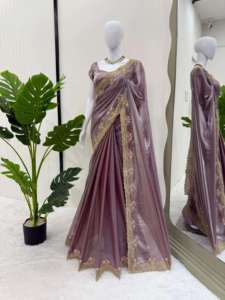 Sari indien de luxe pour femmes, idéal pour les fêtes, avec des broderies complexes et des paillettes, adapté aux fonctions de mariage - Product Image 3