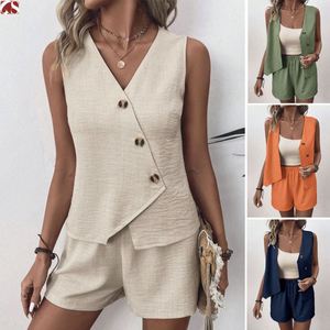 Conjunto de Ropa Casual de Moda I-0609, Chaleco Asimétrico con Cuello en V y Pantalones Cortos por Encima de la Rodilla, Tejido - Product Image 1
