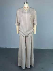 IStapromo Gifts 2026 Summer New Suit Casual Loose V-neck Striped Short Sleeve Top + Wide Leg Pants Women's <b>Set</b> - Product Image 5