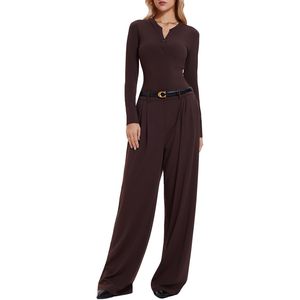 FOXA Women's 2 Piece <b>Matching</b> Set <b>Long</b> Sleeve Henley Top Wide Leg Pants Slim Fit Casual Outfit All Seasons Breathable Knitted - Product Image 1