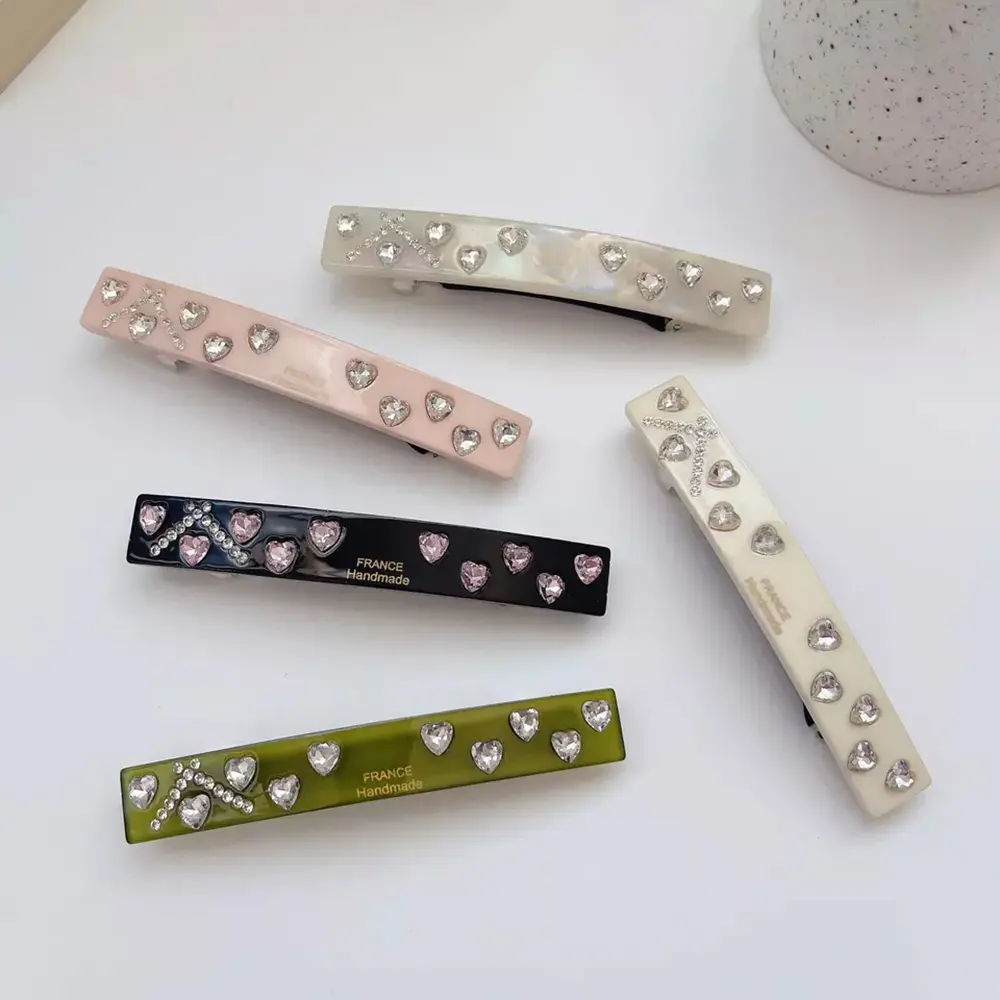 Yeni tasarımcı tatlı fransız Barrette el yapımı kristal Rhinestone kalp saç tokası Pretty Glitter tokalar basmalı klips kadınlar için