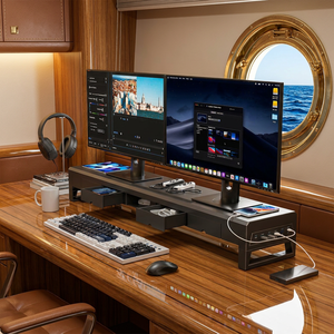 Heavy-Duty 1100mm Ergonomic <strong>Monitor</strong> <strong>Stand</strong> for Dual <strong>Monitors</strong> with <strong>Triple</strong> Drawer Storage and Wireless Fast Power Hub - Product Image 3
