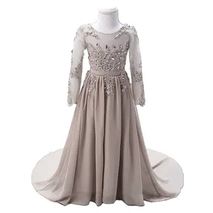 Grey Long Sleeves Children Flower Girl Dresses Serene Hill HTA0004 Beaded Simple Party Wear Gowns For Kids