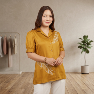 เสื้อผู้หญิงไซส์ใหญ่สีเหลืองมัสตาร์ดปักลายผ้าซาตินแขนพองคอปกพับได้เสื้อลำลองสำหรับฤดูร้อน - Product Image 3