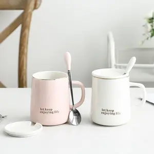 Custom Logo Design Let Keep Enjoying Life Ceramic Coffee Milk Water Cup Mug with Lids Spoon