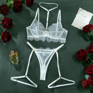 Lencería de luna de miel para novia, conjunto de lencería con liguero de encaje, <span class=keywords><strong>Bralette</strong></span> de 3 piezas de tiras, lencería de peluche, trajes sexis de tocador - Product Image 3