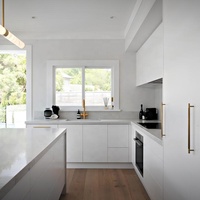 Meubles de cuisine sur mesure en gros, design simple et plat, armoires modulaires avec îlot cannelé et bandes LED intégrées pour la maison