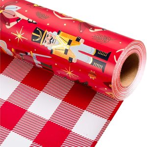 Papier d'emballage de Noël rouge réversible motif casse-noisette à carreaux dorés 17 po x 32,8 pi recyclable - Product Image 1